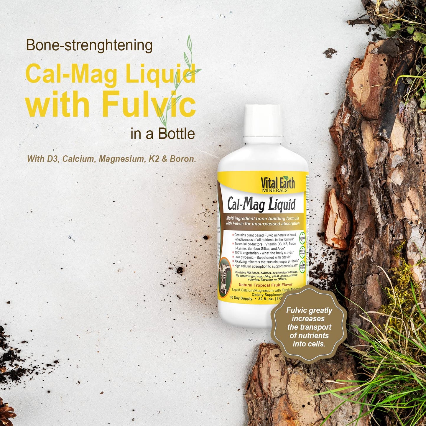 Vital Earth Minerals Cal-Mag Liquid - Calcium Magnesium Supplement with Vitamin D3, K2, Boron, and Fulvic Acid for Faster Absorption, 32 Oz + 1 Oz Cup