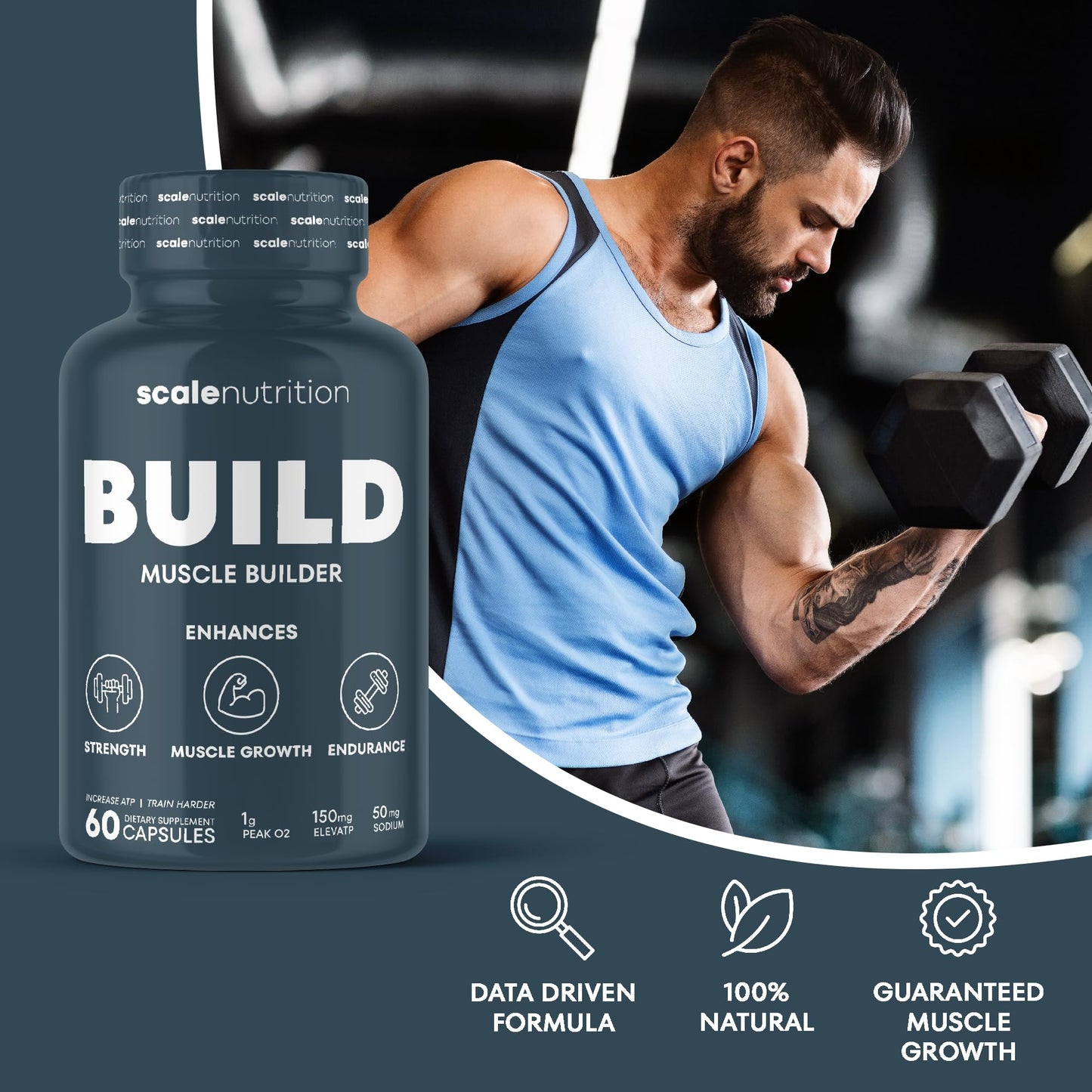 Scale Nutrition Build | Muscle Builder for Muscle Growth, Strength, Weight Gain, Endurance, Performance Enhancment for Men & Women | Trademarked Ingredients Peak02 & ElevATP | 60 Capsules