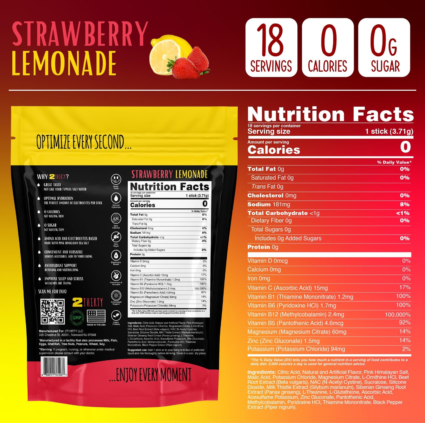 2THIRTY Hydration & Precovery Mixer | No Sugar, Zero Calories | Electrolyte Powder Packets + Vitamin B12, Aminos & Natural Herbs (18 Pack, Strawberry Lemonade)