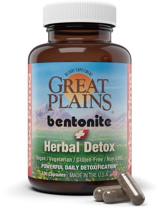 Yerba Prima Bentonite Clay Plus Herbal Detox, 100 Veg Capsules - Food Grade Clay from The Great Plains, USA - Colon & Liver Cleanse Supplement with Calcium Clay
