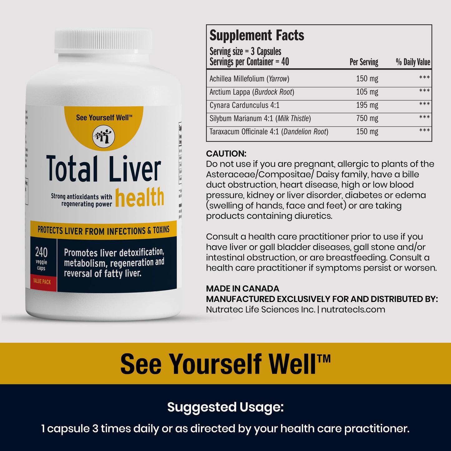 See Yourself Well Total Liver Health Supplement with Milk Thistle, Dandelion Root, Yarrow, Burdock Root, and Artichoke - 240 Vegan Capsules for Liver Function Support