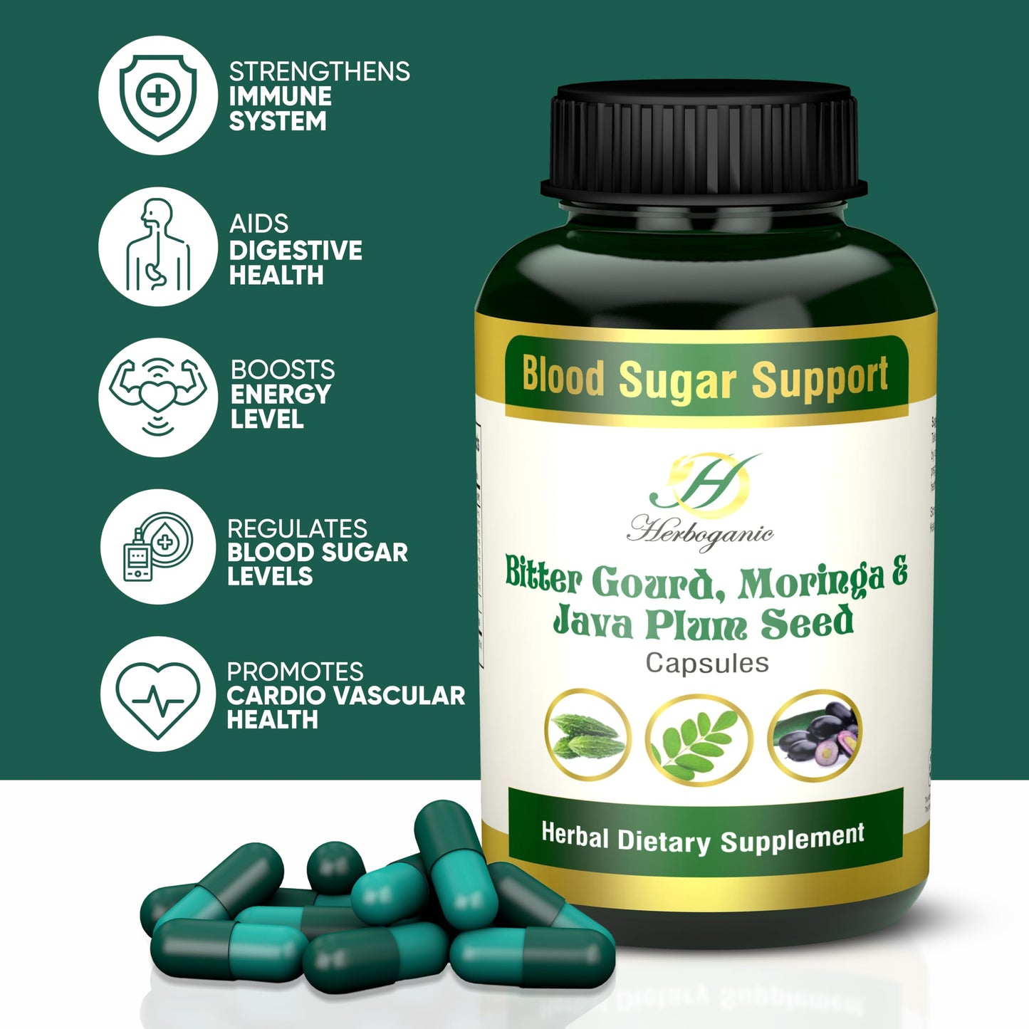 HERBOGANIC Bitter Gourd Moringa and Java Plum Seed Capsules | 500mg |All Natural Detoxification | 60 Capsules