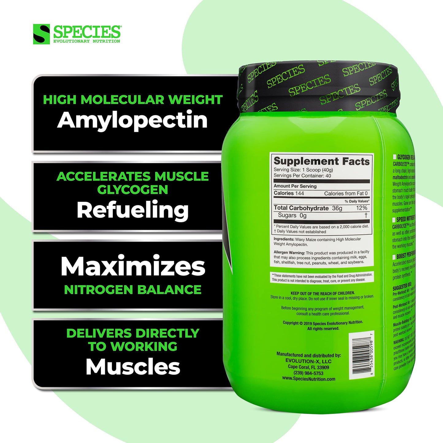 Species Nutrition Carbolyze Carbohydrate Powder Supplement, No Bloating or Cramping, High Molecular Weight Micronized Carb Powder Intra & Post Workout. Sugar Free. (Unflavored, 40 Servings)