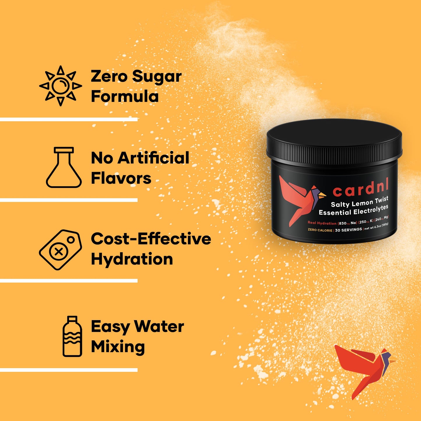 Cardnl Zero Sugar Electrolytes, Authentic Salty Lemon, Lowest Cost, Most Electrolytes Per Serving, Clean Ingredient Powder (30 Servings)