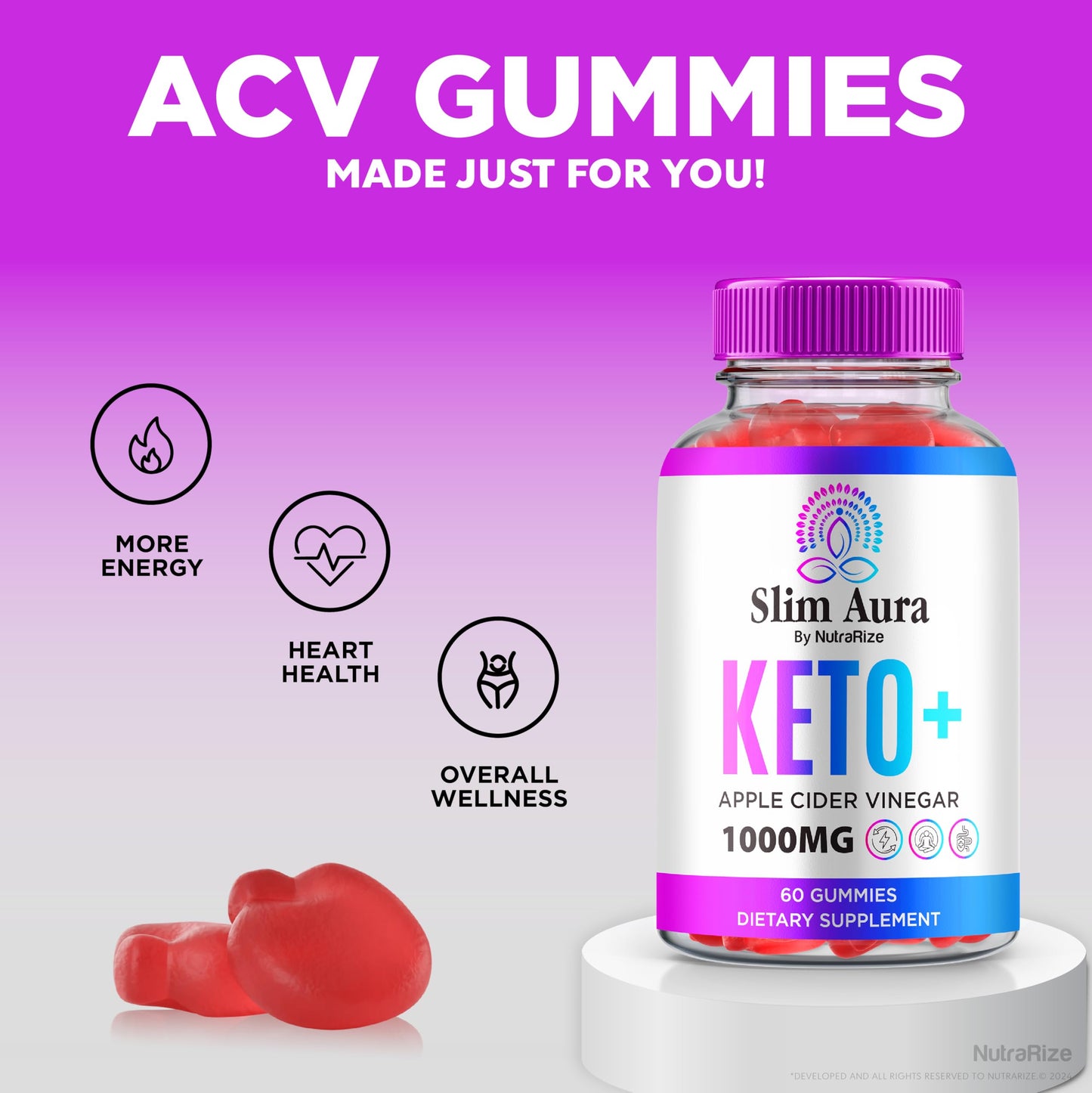 (2 Pack) Slim Aura Keto ACV Gummies, Official Slim Aura Keto Gummies for Weight Loss, Natural Keto Plus Apple Cider Vinegar Gummy, Premium Keto+ACV Formula, SlimAura ACV Keto Gomitas (120 Gummies)