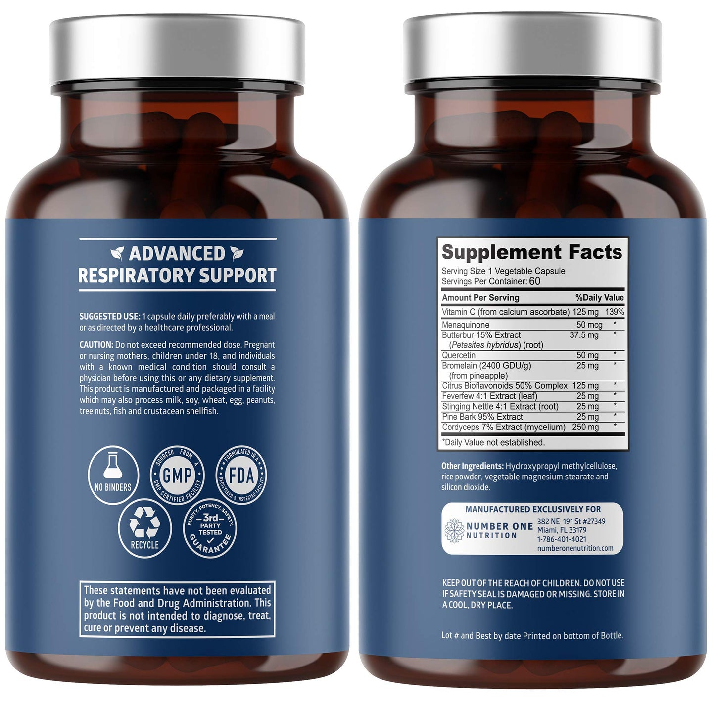 Number One Nutrition N1N Premium Lung Support Supplement [10 Potent Ingredients] Natural Lung Cleanse & Detox with Quercetin, Bromelain and Vitamin C to Help Support Respiratory Health, 60 Veg Caps