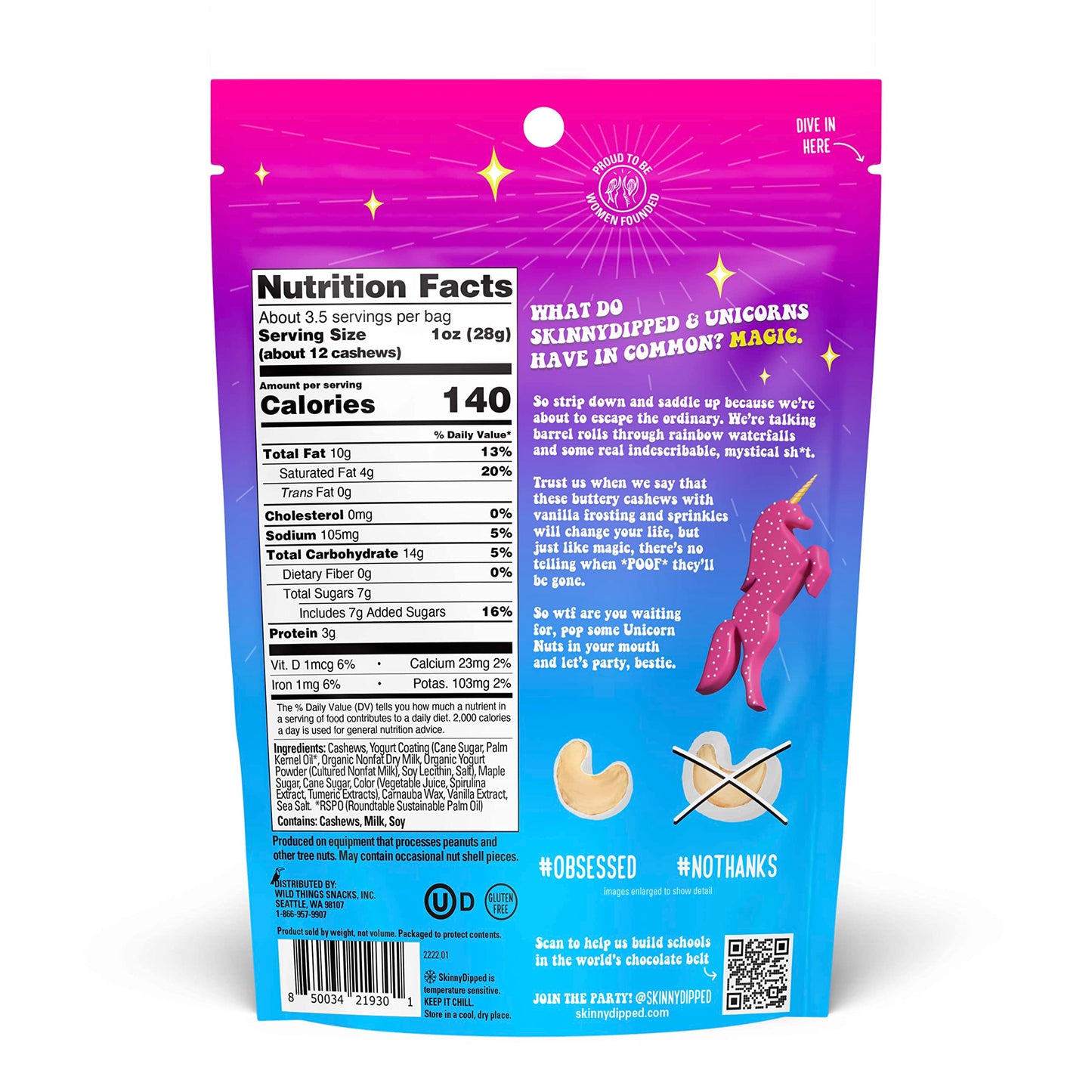 SkinnyDipped Unicorn Birthday Cake Cashews Healthy Snack Plant Protein Gluten Free Resealable Bags 35 Ounce Pack of 5