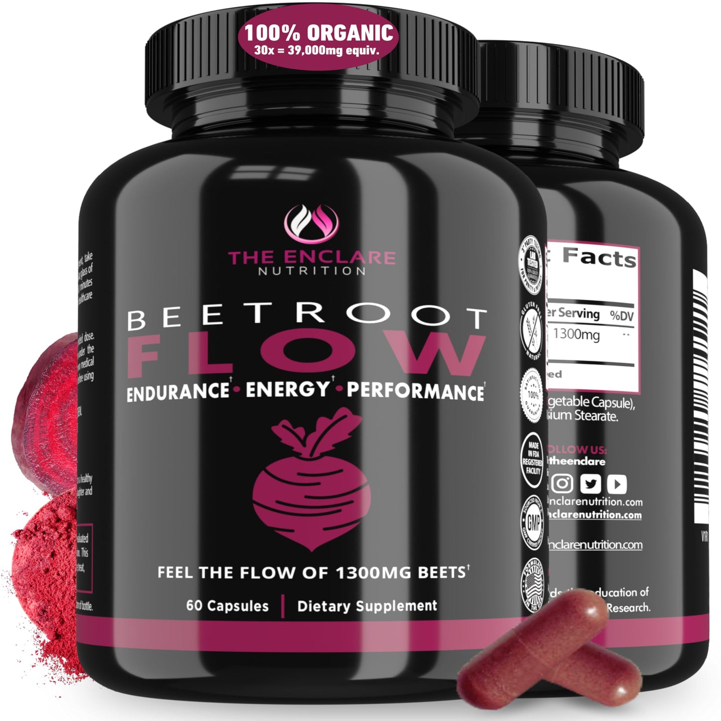 THE ENCLARE NUTRITION Beet Root Capsules 1300mg. Organic Beet Root Powder Capsules Support Heart Health, Blood Pressure, Brain, Energy. Beetroot Powder Nitric Oxide Supplements for Men & Women 60ct