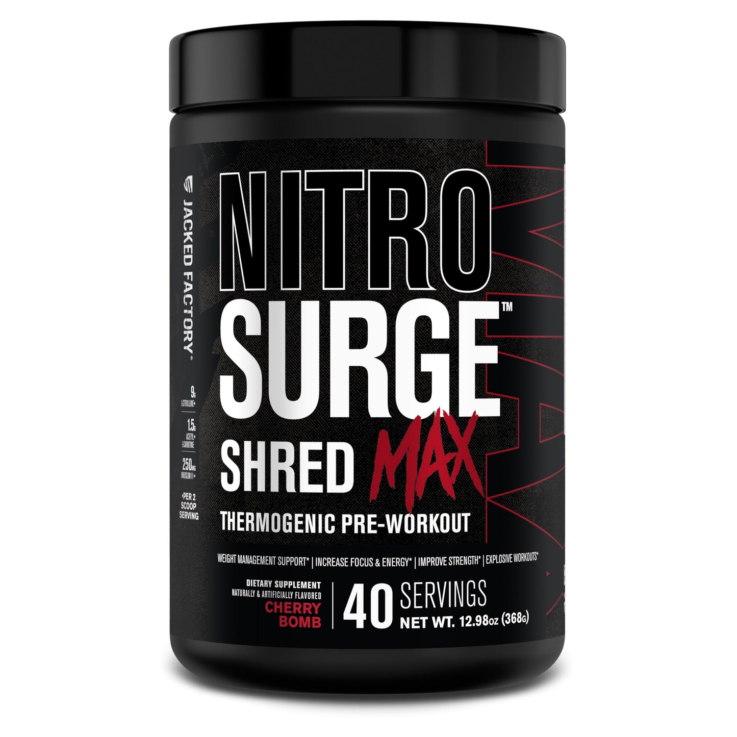 Jacked Factory Nitrosurge Shred Max Preworkout - High-Performance Thermogenic Pre Workout Powder for Men and Women with L Citrulline, Acetyl L Carnitine, Organic Caffeine - 40 Servings, Cherry Bomb