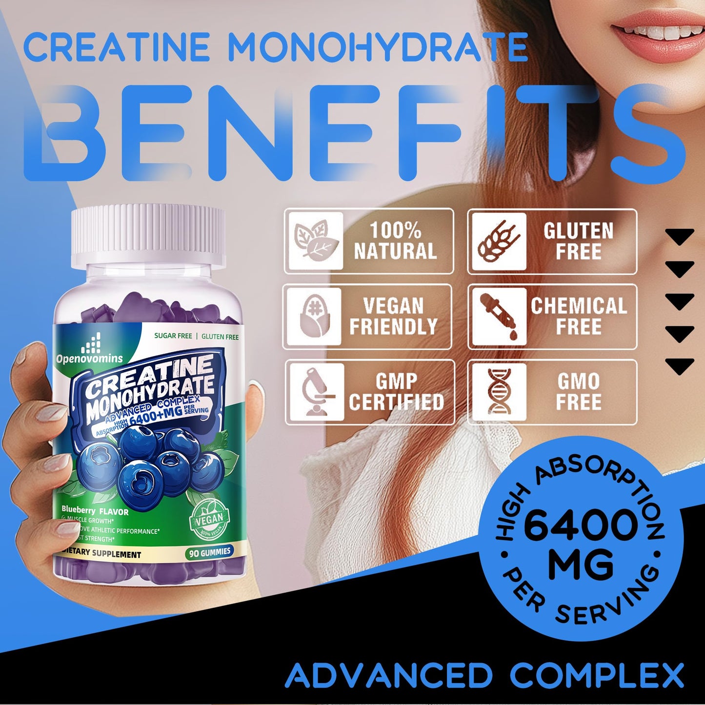 Creatine Monohydrate Gummies Complex for Men & Women -Advanced Formula W/L-Taurine + Vitamin B12, Sugar Free Chewable Supplement,90 Blueberry Gummies