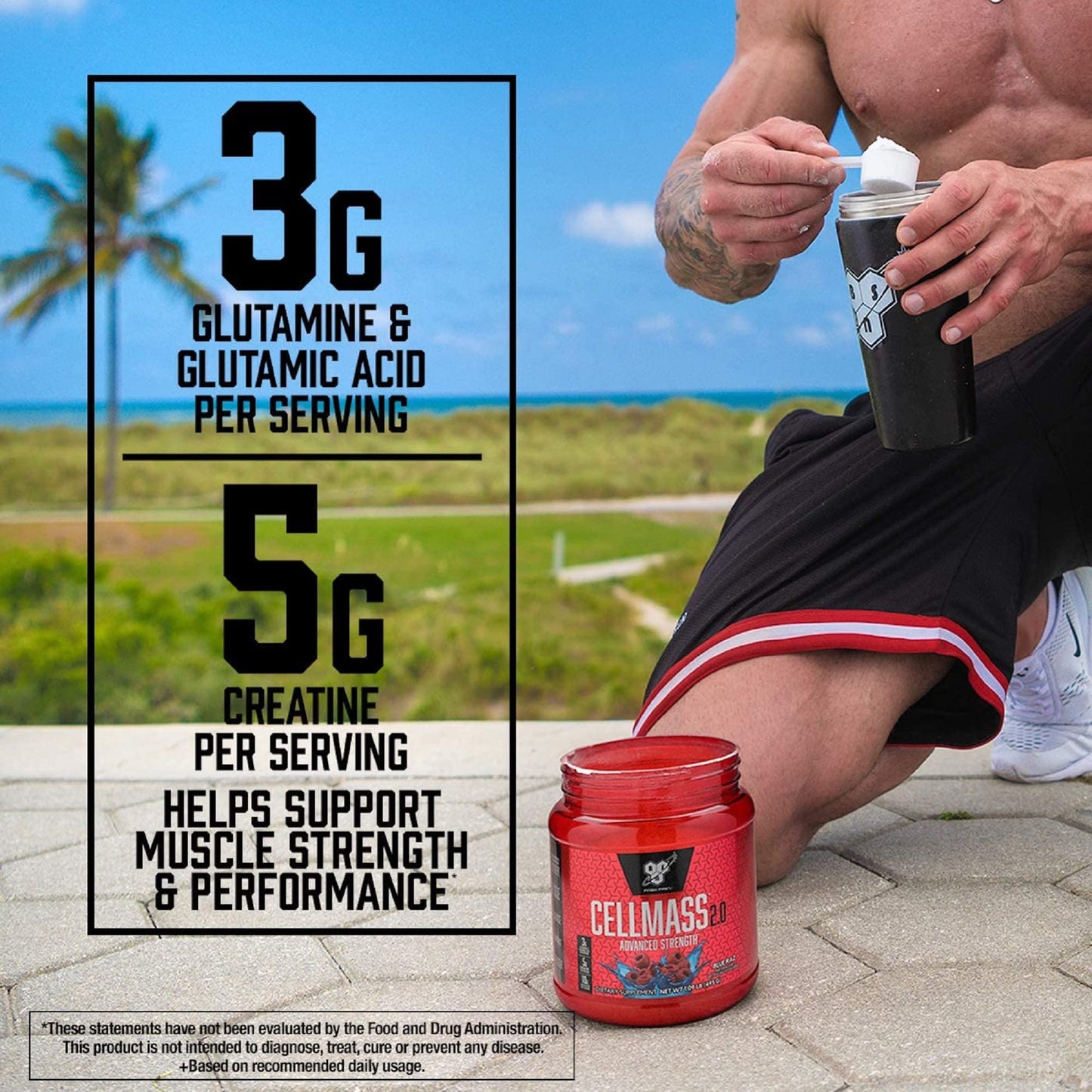 BSN CELLMASS 2.0 Post Workout Recovery with BCAA, Creatine, & Glutamine - Keto Friendly - Blue Raz, (25 Servings)