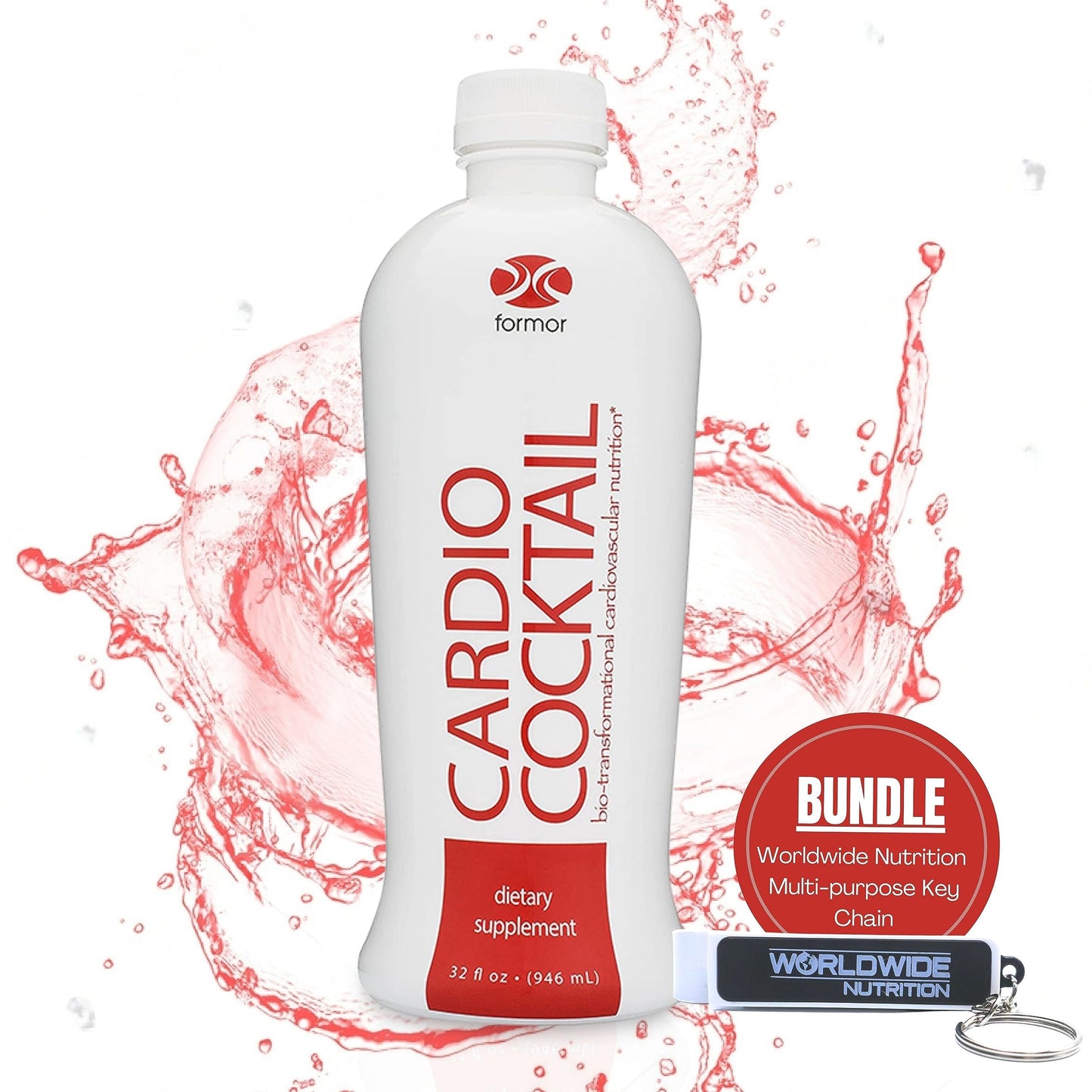 Worldwide Nutrition Bundle, 2 Items: Formor Cardio Cocktail Nitric Oxide Booster with L Arginine L Citrulline Supplement - 1 Count, 32 Oz Blood Pressure Supplements and Multi-Purpose Key Chain