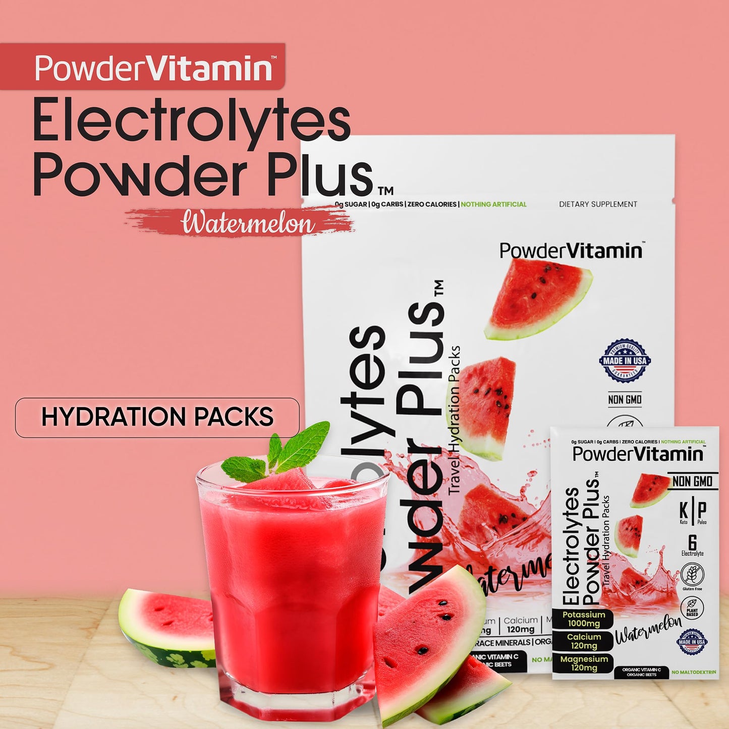 PowderVitamin Electrolytes Powder Plus, Keto, Watermelon, Sugar Free, 1000mg Potassium, 120mg Calcium, 120mg Magnesium, Non-GMO, Zero Calories, 30 Hydration Packets