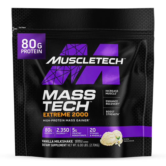 Muscletech High-Protein Mass Gainer (Vanilla Milkshake, 6LB) - Mass Tech Extreme 2000 Mass Gainer Protein Powder Supplement - Weight Gainer for Increase Muscle, Enhanced Recovery & Strength