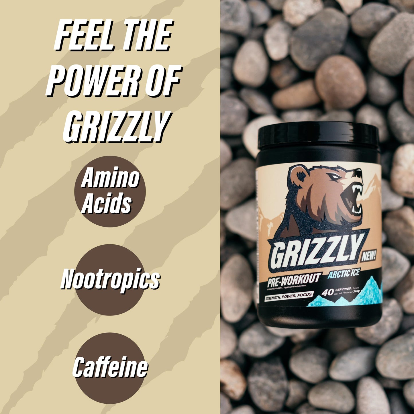 Grizzly Pre Workout Powder for Men & Women - Essential Aminos L-Citrulline & Beta Alanine Plus Caffeine - Preworkout Energy Drink Mix for Intense Power Focus & Pump - Arctic Ice - 40 Servings