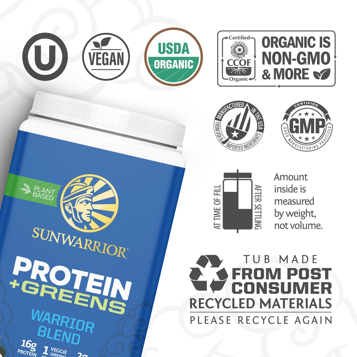 Sunwarrior Warrior Blend Protein Greens Powder Drink Mix BCAA Plant Based Organic Hemp Seed Vegan Gluten Free Non-GMO Low Carb Protein Powder Chocolate Flavored 30 Servings