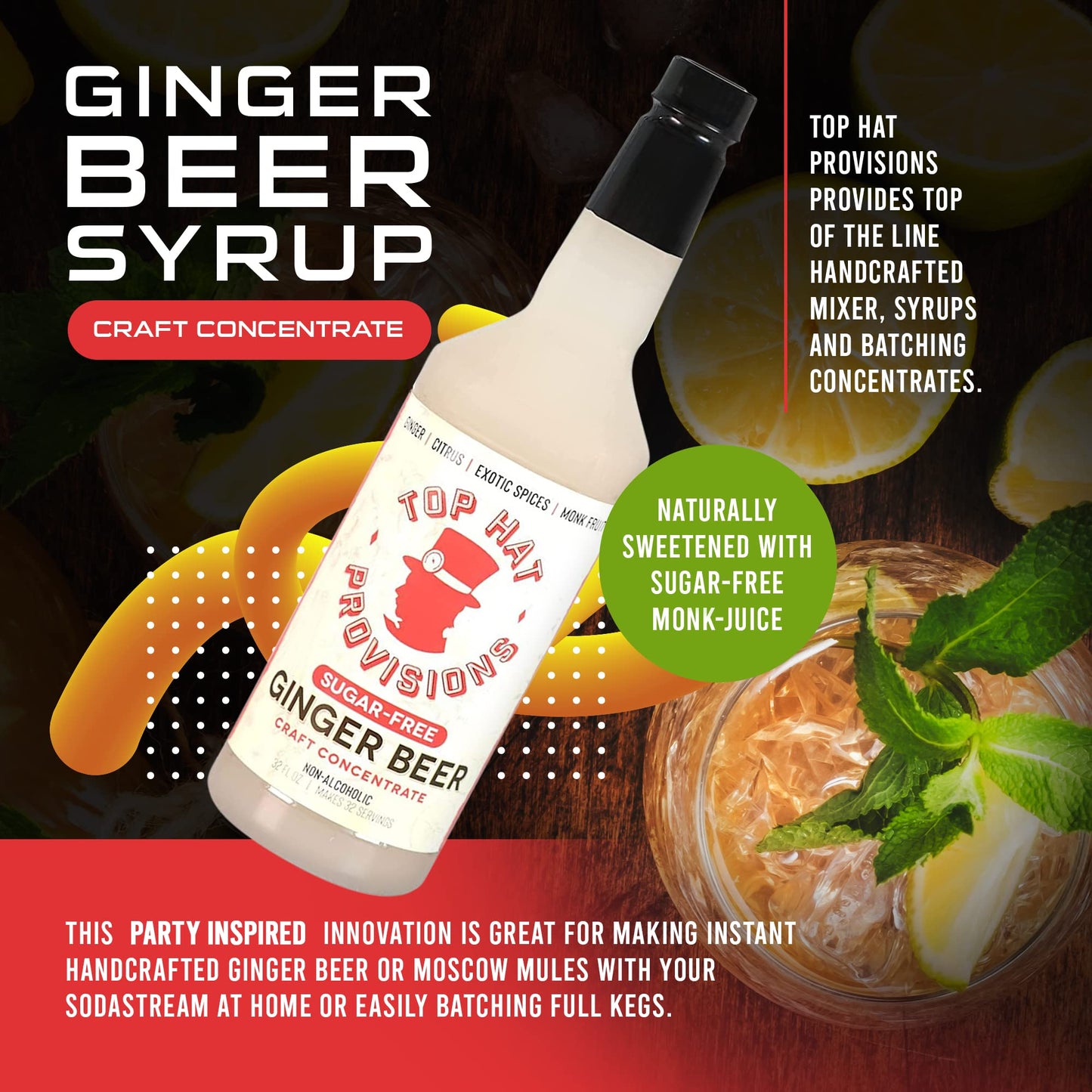 Top Hat Keto Sugar Free Ginger Beer Syrup  Moscow Mule Mix  Naturally Sweetened with Monk Fruit  Craft Soda Mixer Ginger Syrup for Cocktail Drinks  Just Add Seltzer Water  32oz Bottle