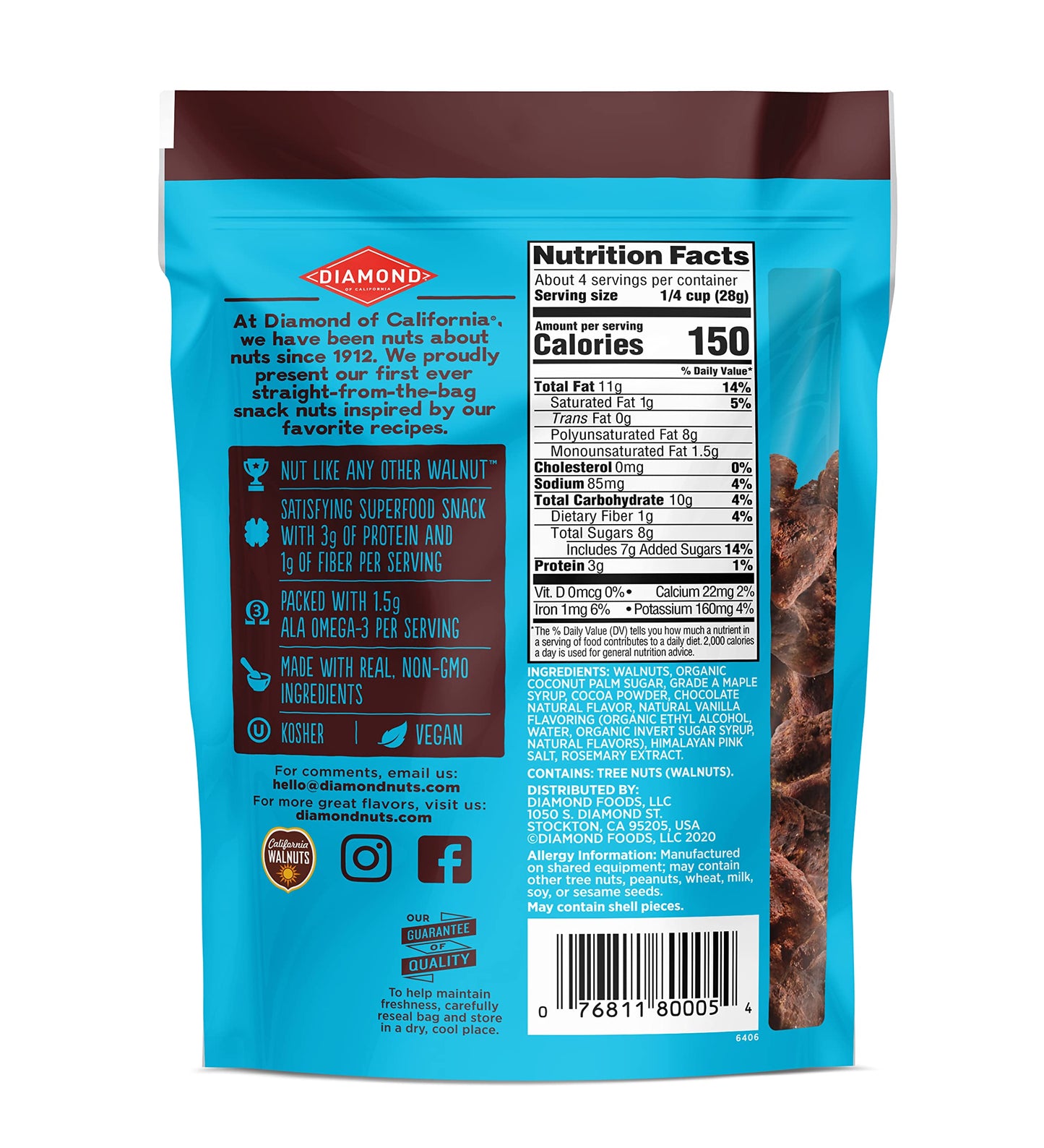 Diamond of California Salted Dark Chocolate Snack Walnuts 4 oz 4 Pack