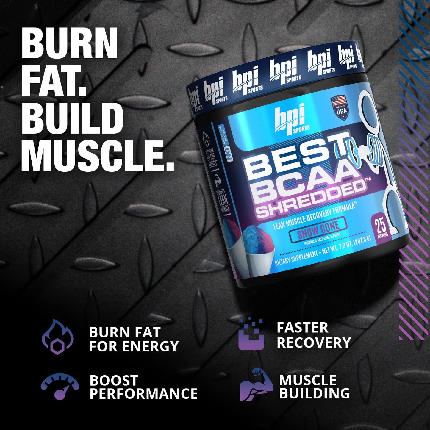 BPI Sports Best BCAA Shredded - Thermogenic Recovery Drink - Caffeine Free - BCAA Powder - Lean Muscle Building, Preworkout, Aminos & Hydration - Snow Cone - 25 Serving