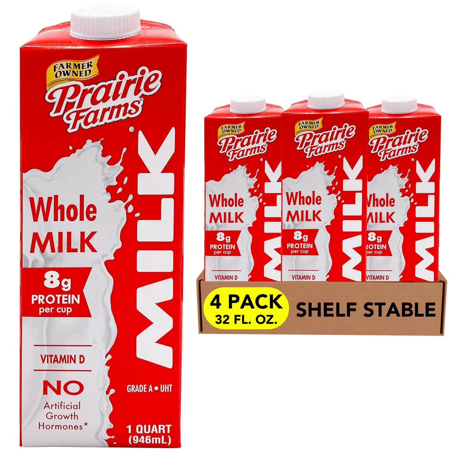 Prairie Farms  Whole Milk  Shelf Stable Boxed UHT Ultra Pasteurized Milk Vitamin D White Milk  Preservative and Hormone Free Gluten Free Kosher Made in USA  1 Quart 4 Pack