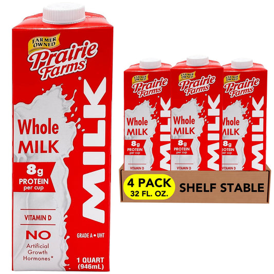 Prairie Farms  Whole Milk  Shelf Stable Boxed UHT Ultra Pasteurized Milk Vitamin D White Milk  Preservative and Hormone Free Gluten Free Kosher Made in USA  1 Quart 4 Pack