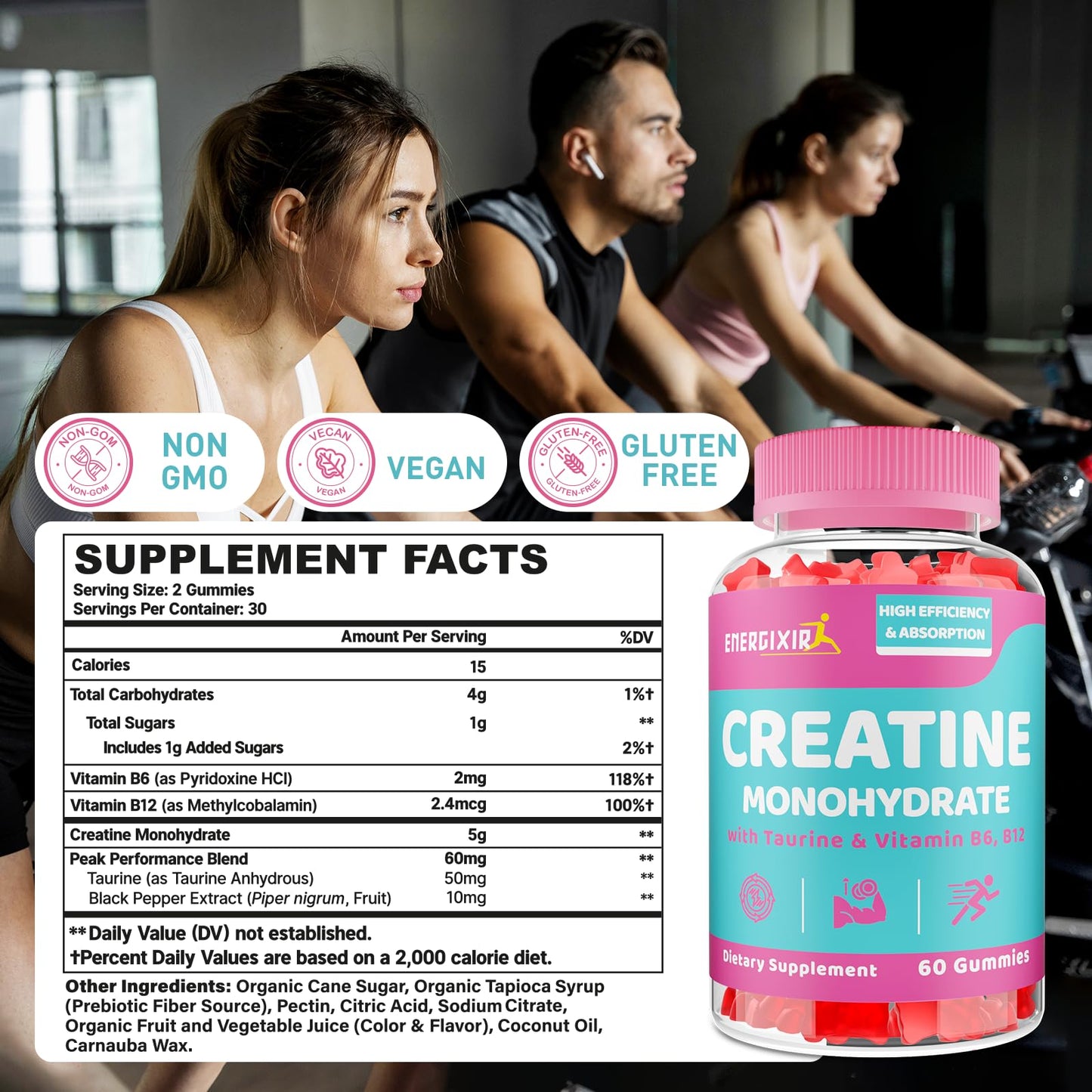 Creatine Monohydrate Gummies, Creatine for Women, Creatine Pre Workout Chewables Supplement with Taurine & B6 - for Muscle, Recovery, Strength, Energy & Endurance and Performance - 120 Count