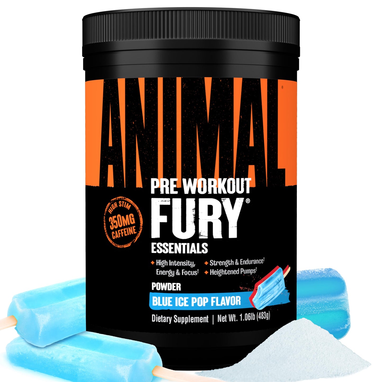 Animal Fury Pre Workout Powder - Energy and Focus Supplement with 5g BCAA, 350mg Caffeine Nitric Oxide Booster with Beta-Alanine, Preworkout for Men and Women, Blue Ice Pop Flavor, 30 Servings