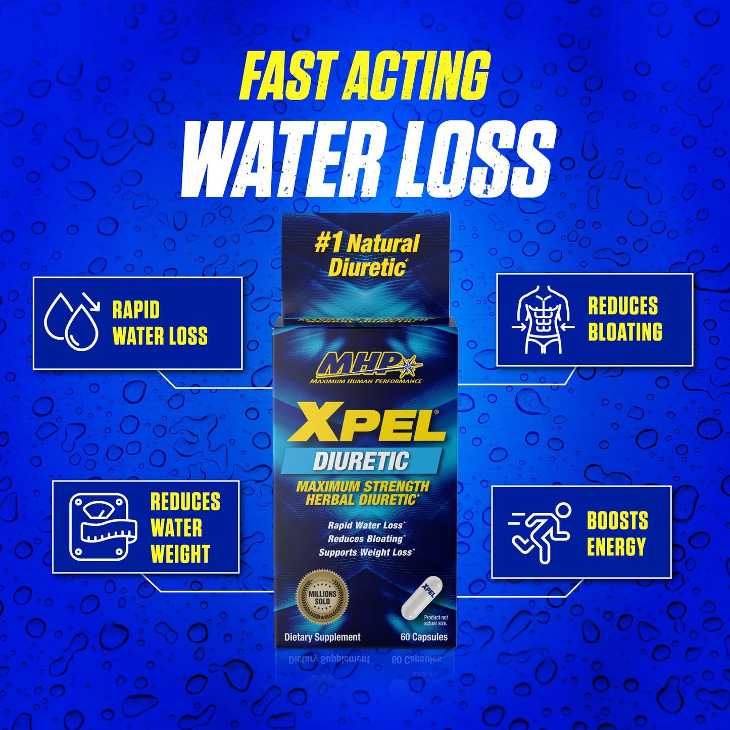 Maximum Human Performance Xpel Maximum Strength Diuretic Water Pills, for Water Retention Relief, Weight loss Support, with Vitamin B-6 Potassium Dandelion Root, 80 Capsules