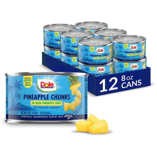 Dole Canned Fruit Pineapple Chunks in 100 Pineapple Juice Gluten Free Pantry Staples 8 Oz 12 Count Packaging May Vary