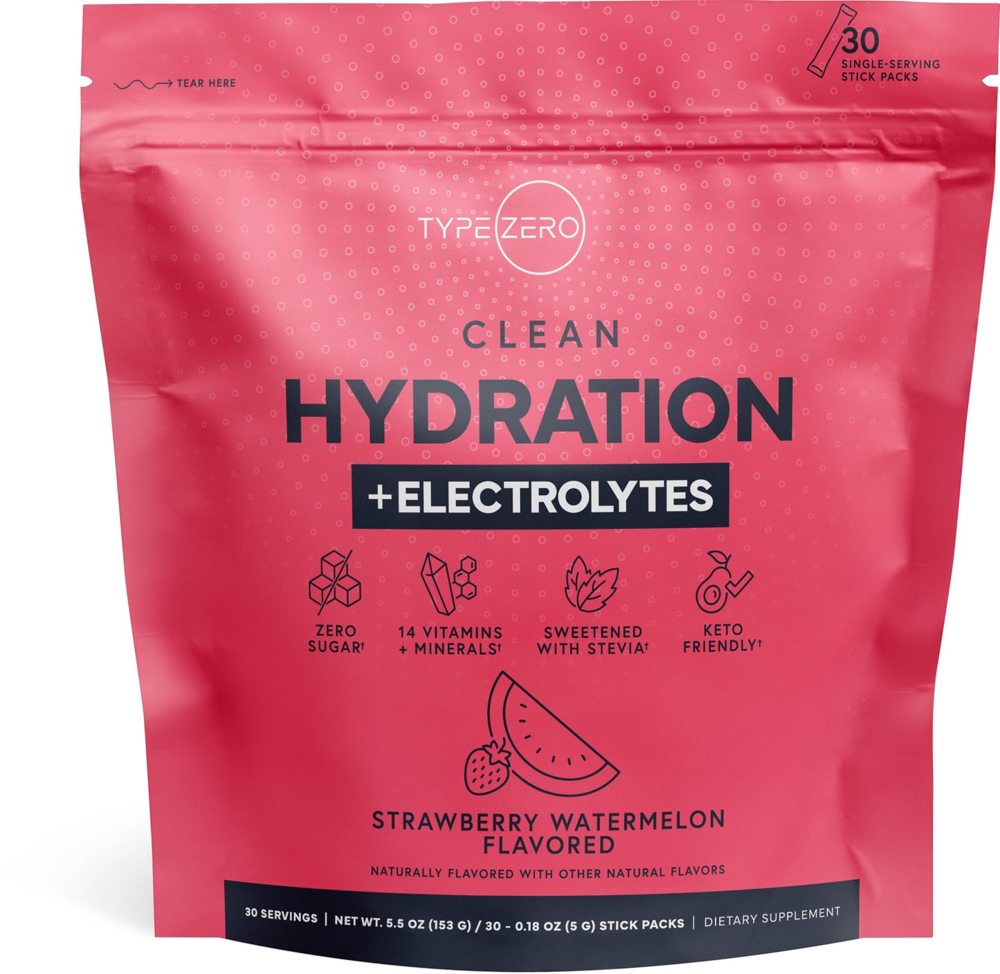 Type Zero Clean Hydration + Electrolytes Drink Mix (30 Single-Serving Packets) - Advanced Hydration for Any Occasion (Strawberry Watermelon)