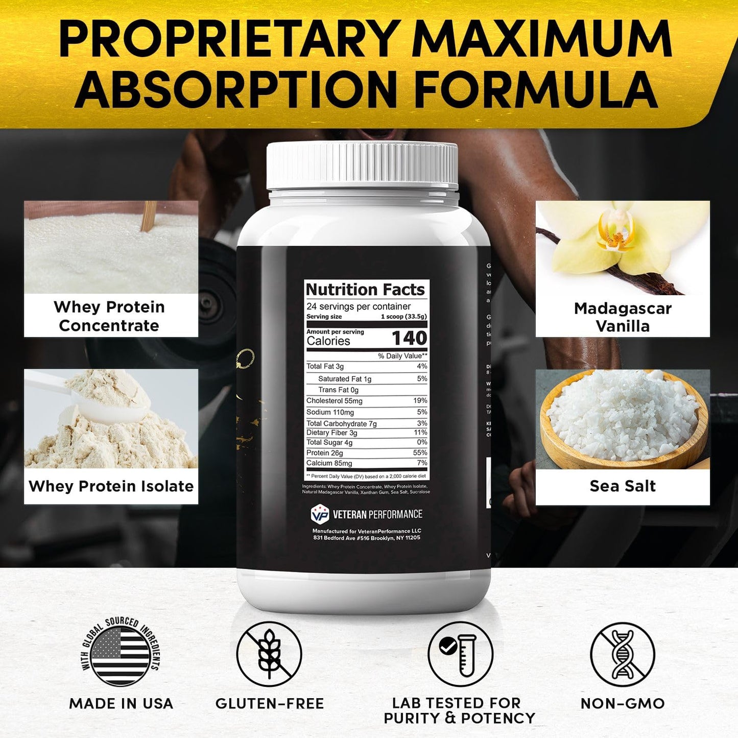 Veteran Performance Grenade Gains 100% Whey Protein Powder Vanilla - Tasty Whey Protein Concentrate & Whey Protein Blend Power 1.76 Pounds -21g Protein, 85mg Calcium, 3g fiber Supports muscle building