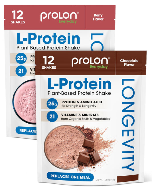 ProLon Longevity Plant Based Protein Powder | Muscle Synthesis & Repair, Healthy Aging, Boost Performance | Vitamins, Gluten Free, Amino Acids | 25g of Protein | Chocolate and Berry, 24 Packets