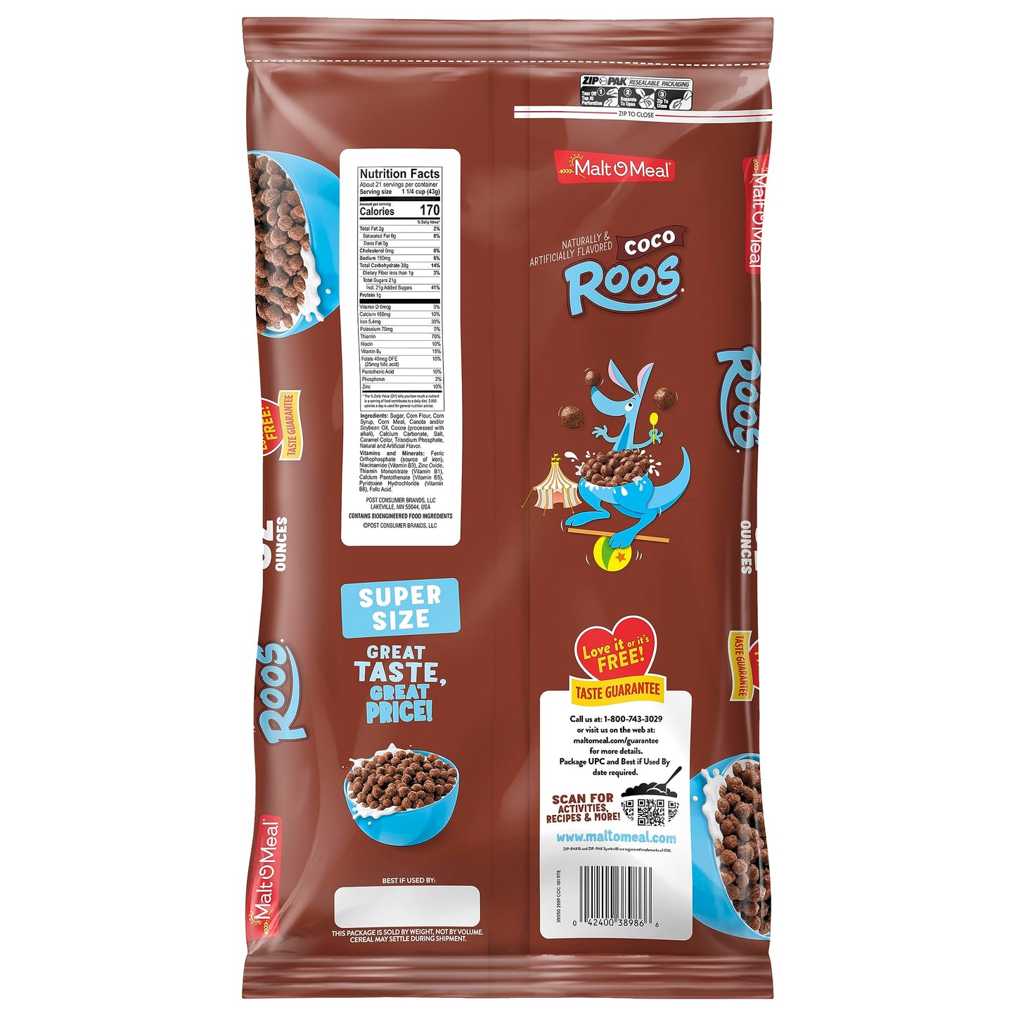 MaltOMeal Coco Roos Breakfast Cereal Crunchy Chocolate Puff Cereal Large Cereal for Family 32 OZ Resealable Cereal Bag