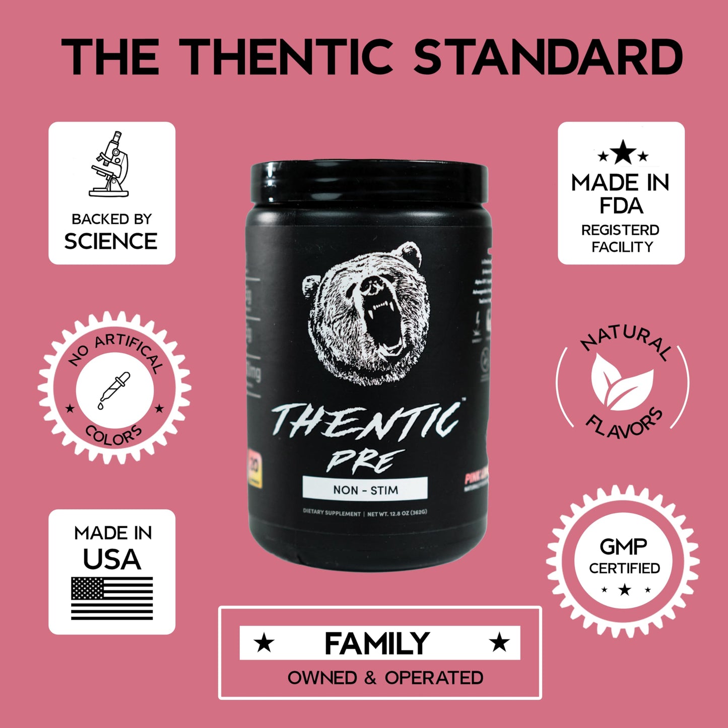 THENTIC Caffeine Free Pre Workout - Naturally Flavored & Sweetened Nootropic Non-Stim Pre Workout Supplement- Laser Focus, Energy, Strength, Endurance, Power (Pink Lemonade)
