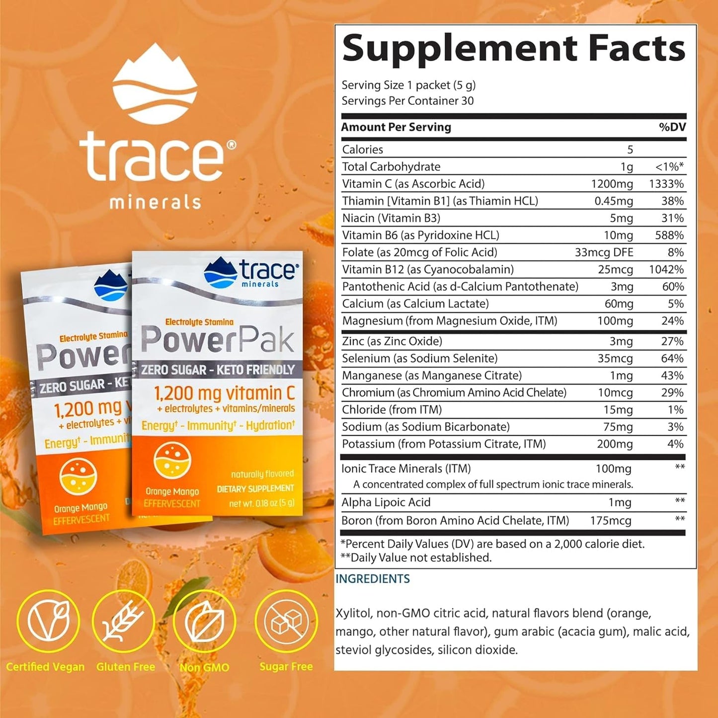 Trace Minerals | Power Pak Sugar Free Electrolyte Powder Packets | 1200 mg Vitamin C, Zinc, Magnesium | Boost Immunity, Hydration and Natural Energy | Keto Friendly | Orange Mango | 60 Packets