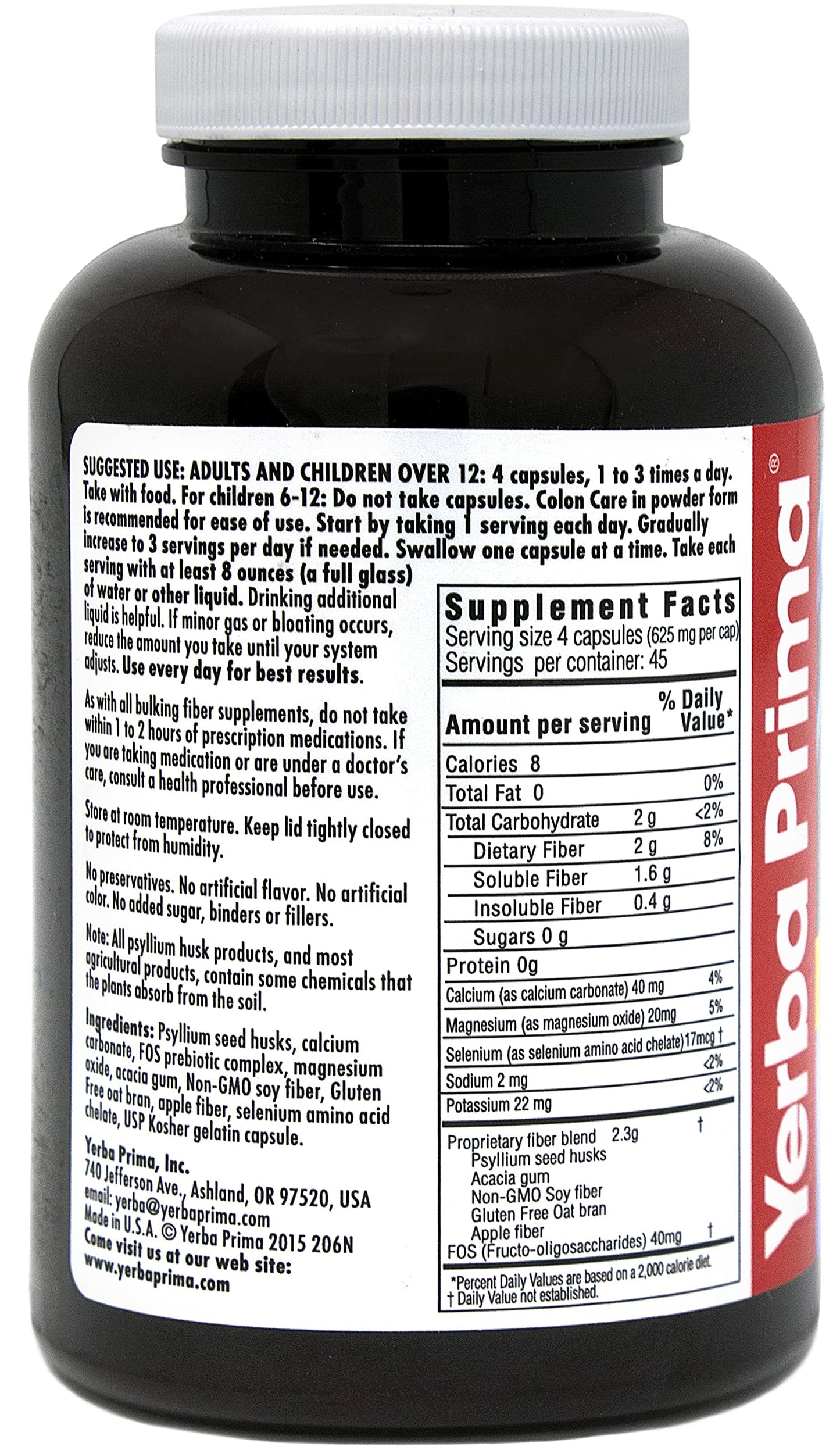 Yerba Prima Prebiotic Colon Care Capsules - 180 Count (Pack of 2), Gluten Free, Proudly Made in The USA, Non-GMO, Soluble & Insoluble Fiber, Supports A Healthy Functioning Colon