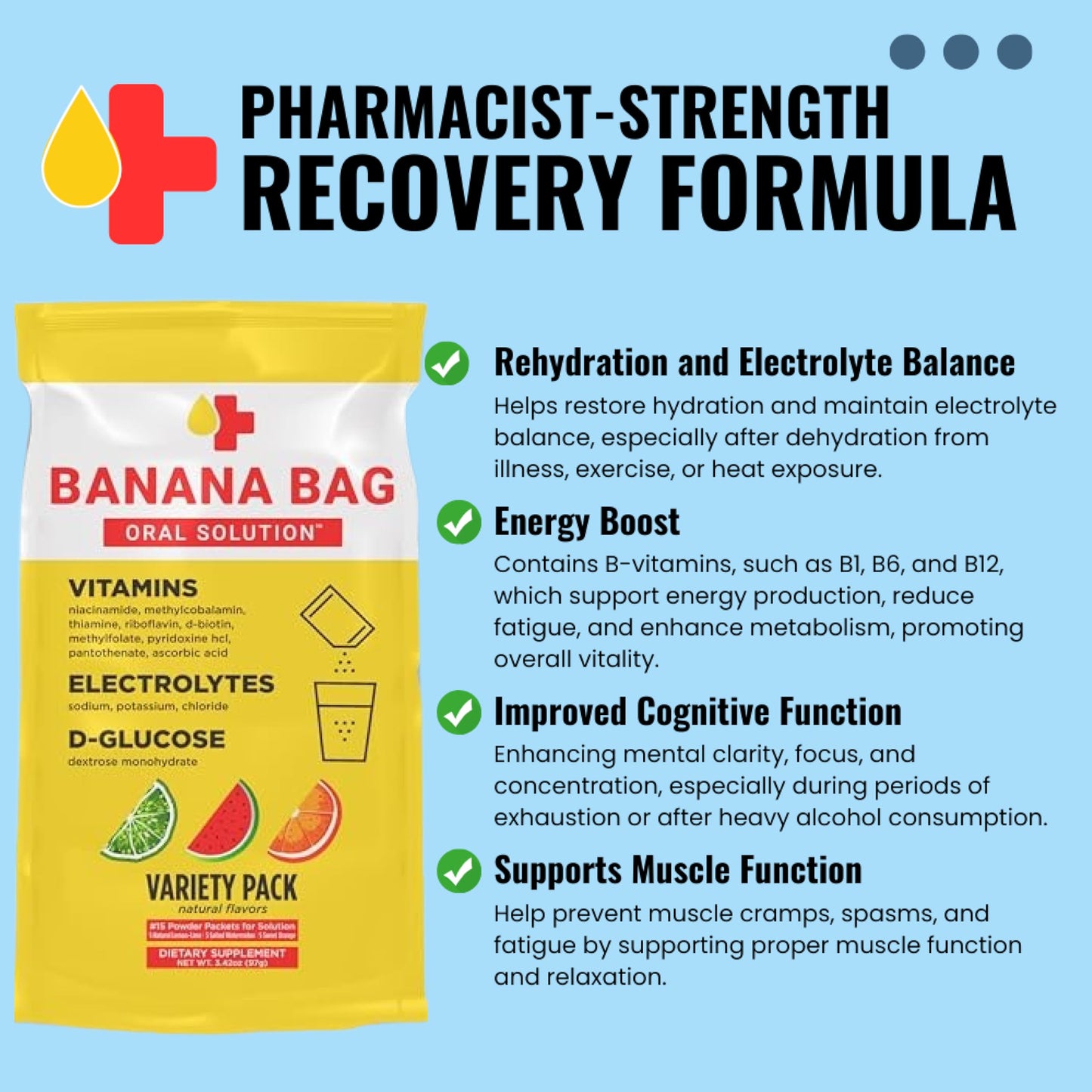 Banana Bag Oral Solution Packets - Variety Pack 15pk | A Refreshing Blend of Electrolytes, Vitamin C, and B-Complex | Crafted for Hydration and Energy Anytime, Whether at Home, Work, or on The Go