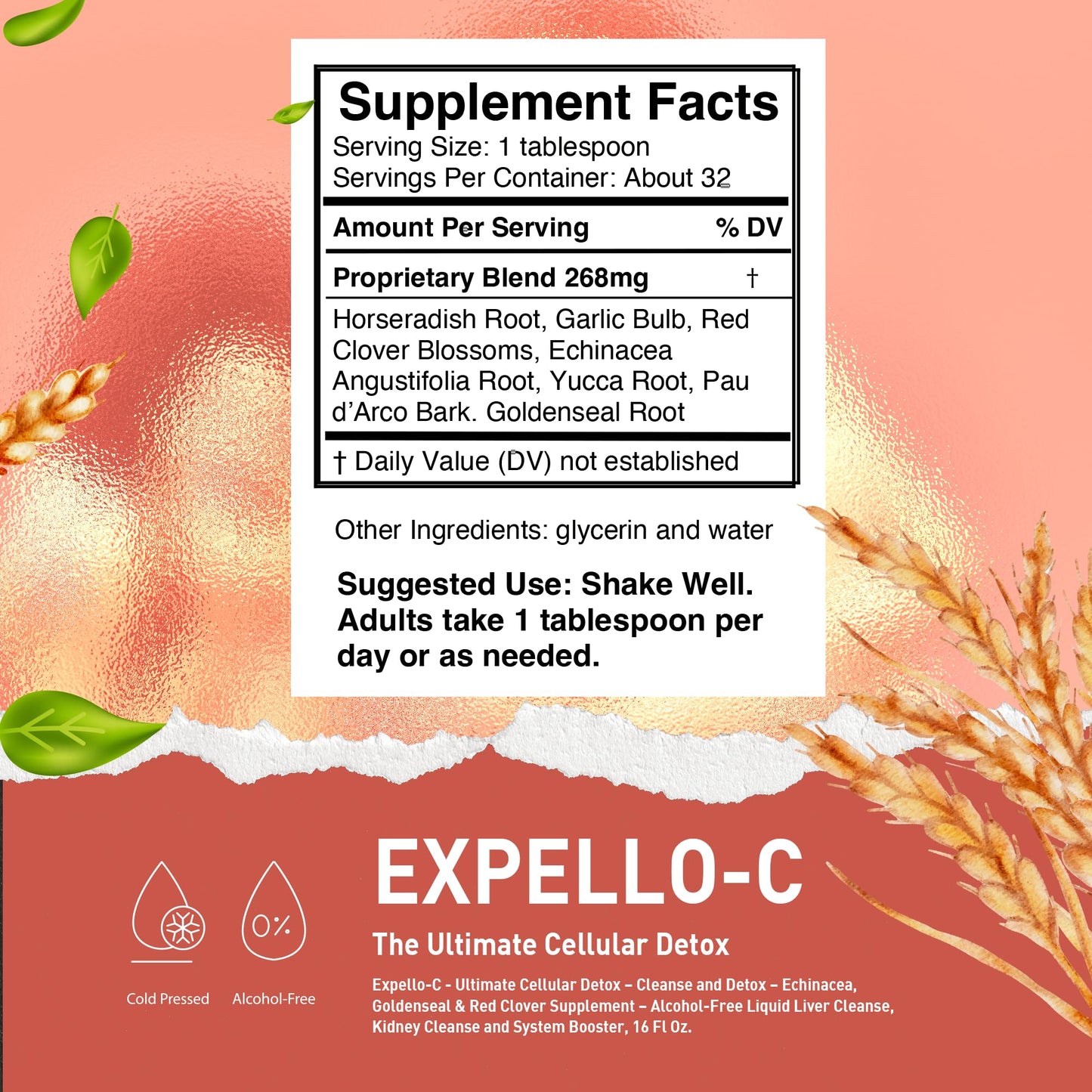 Expello-C - Ultimate Cellular Detox - Cleanse and Detox - Echinacea, Goldenseal & Red Clover Supplement - Alcohol-Free Liquid Liver Cleanse, Kidney Cleanse and System Booster, 16 Fl Oz.