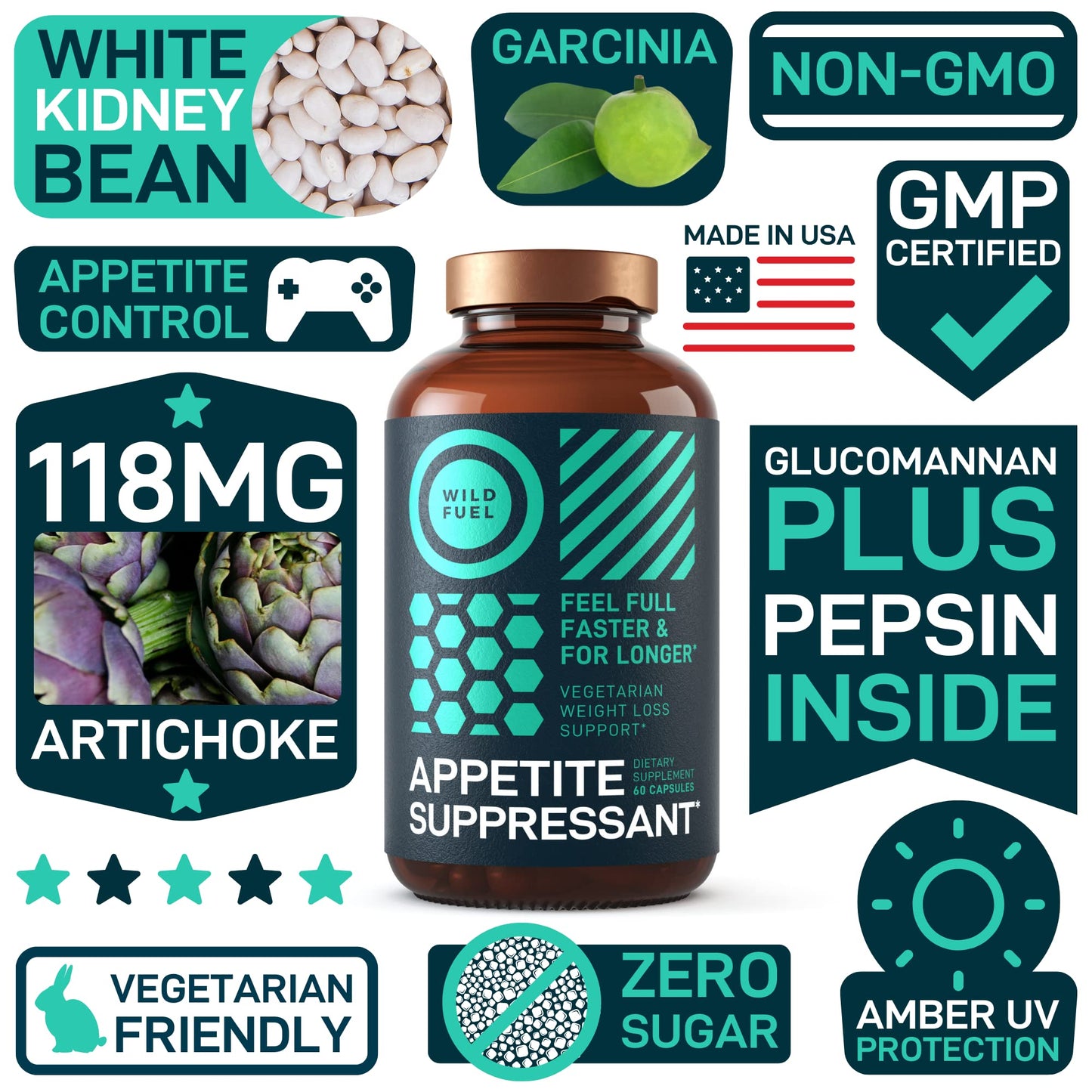Appetite Suppressant for Weight Loss, Hunger Suppressant - Diet Pills That Work Fast for Women and Men - Garcinia Cambogia, Glucomannan, White Kidney Bean Carb Blocker and Fat Burner - 60 Veggie Caps