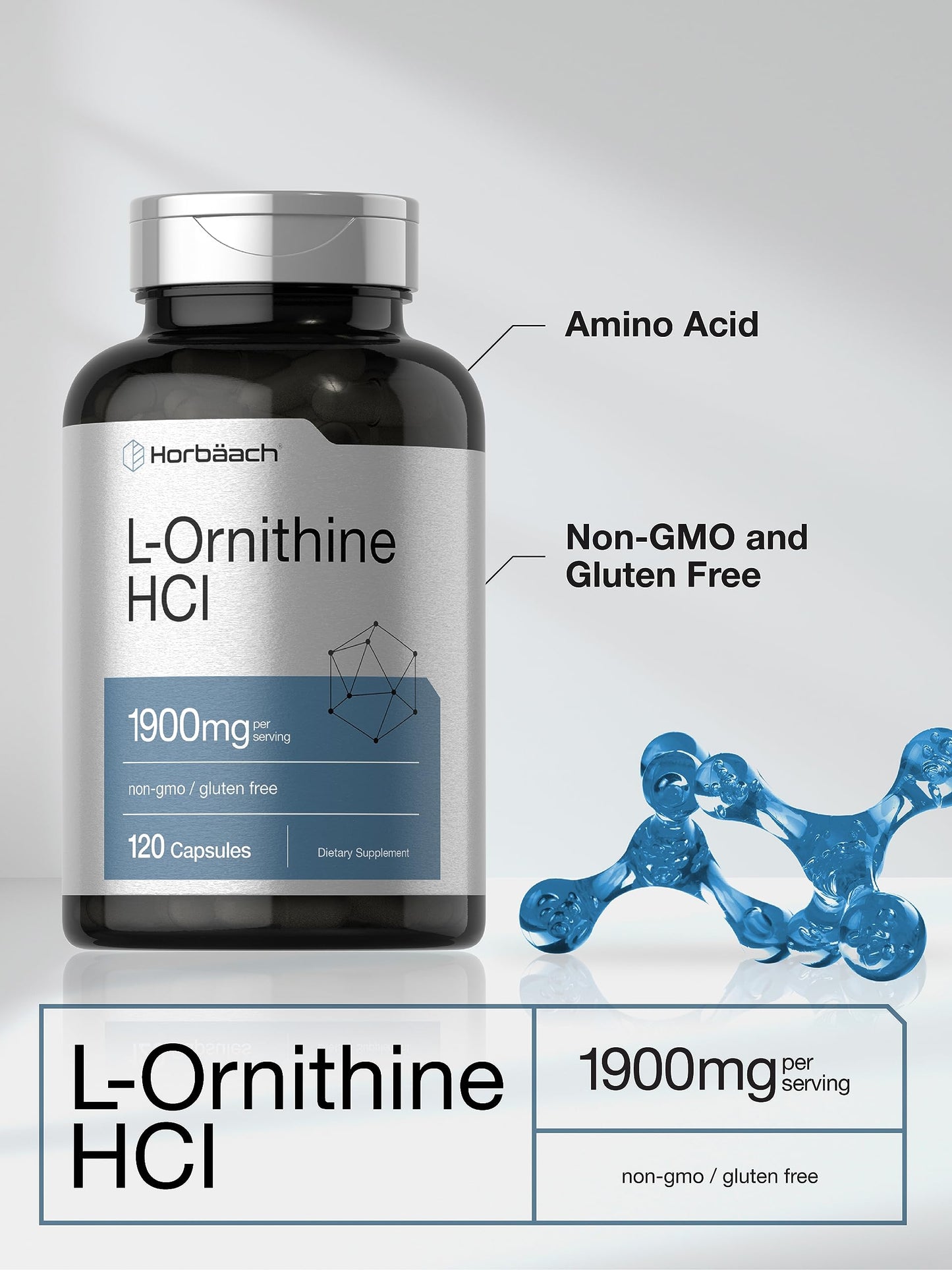 Horbäach L Ornithine HCl | 1900mg | 120 Capsules | Non-GMO & Gluten Free Supplement