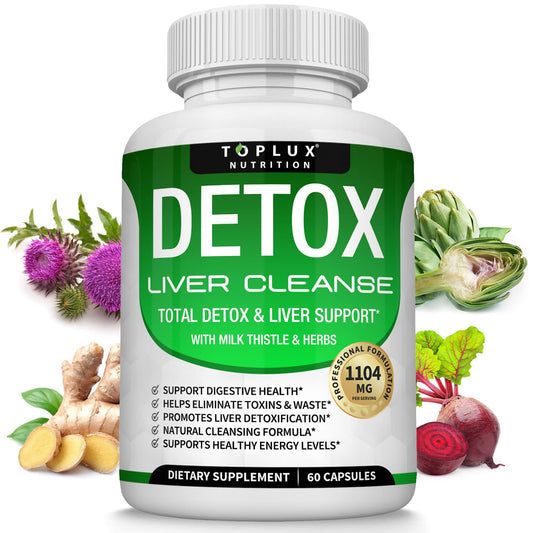 Detox Cleanse Liver Support & Repair Formula - Liver Cleanser Natural 5 Day Detox, Support Digestion System, Flush Toxins & Urinary Tract, Milk Thistle Extract 25+ Herbs, 60 Capsules, Toplux Nutrition
