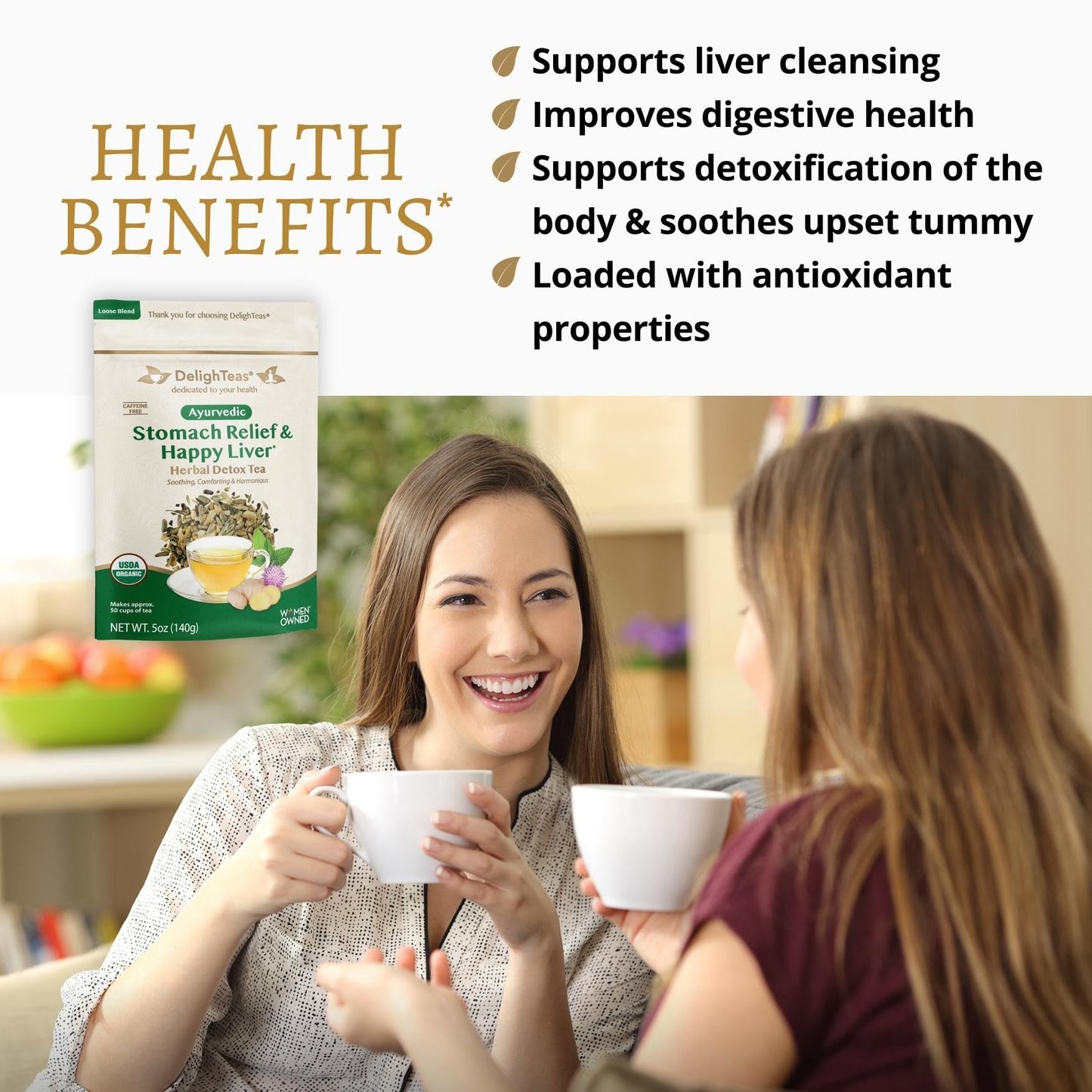DelighTeas Liver Detox Tea | Stomach Relief & Liver Cleansing | Ayurvedic Loose Leaf Herbal Milk Thistle Tea | USDA Organic, Vegan, Caffeine Free | with BPA-Free Tea Infuser | 50 Servings, 5oz