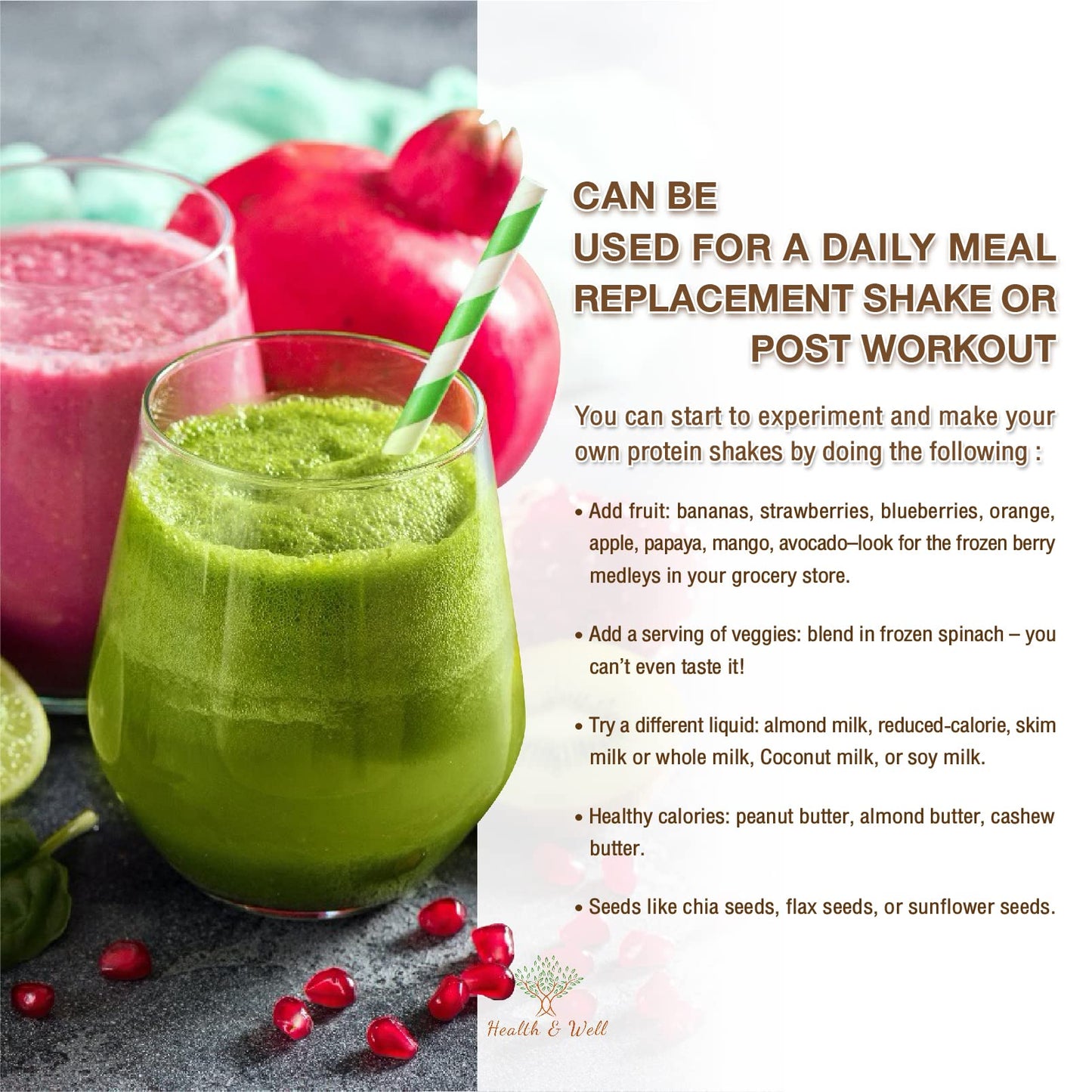 Health & Well Plant-Based Protein Powder, Contains Three Vegan proteins and Eight Different Super Fruits (Vanilla)