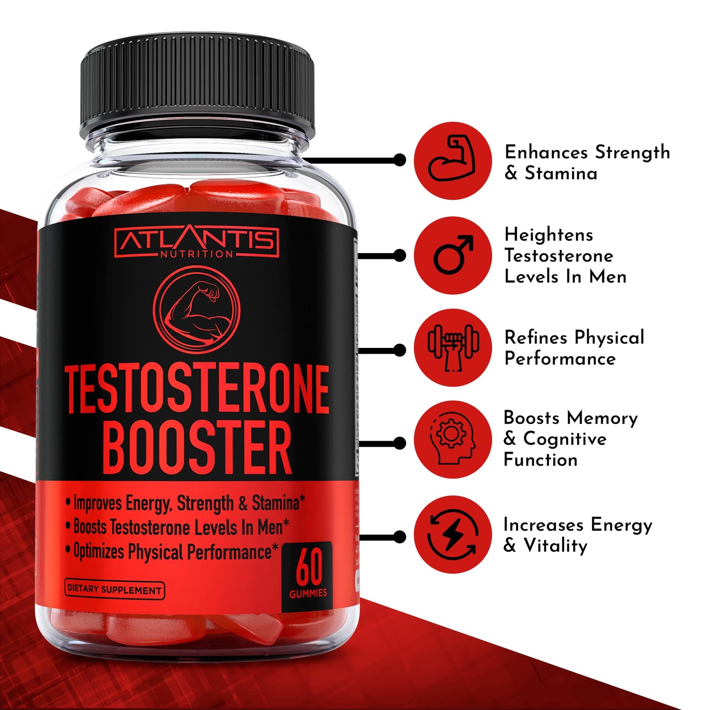 Atlantis Nutrition Testosterone Booster Gummies For Men - Enhances Strength & Stamina - Optimizes Performance & Male Enhancement - Made With Tribulus, Horny Goat Weed, Maca Root | 2-Pack (120 Gummies)