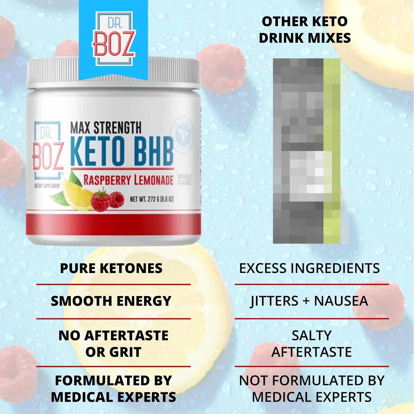 Dr. Boz - Keto BHB Powder - Raspberry Lemonade, 20 Servings - Ketones Drink - Increase Energy & Reduce Cravings - Max Strength Dietary Supplement - Quality Tested - Made in The USA - 9.6oz (272g)