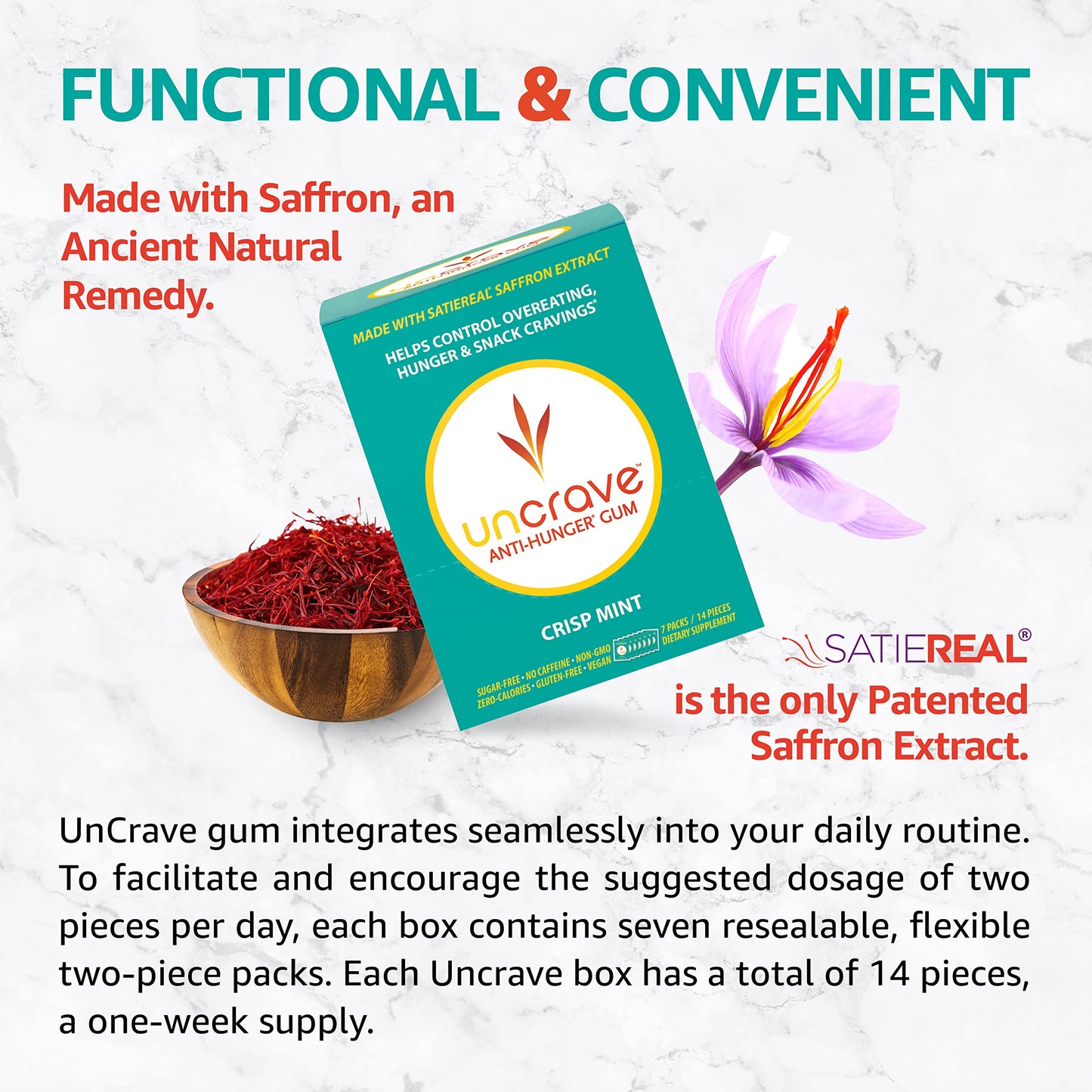UnCrave Gum Infused with 100% Pure Saffron Extract - Control Cravings - Improve Mood - Vision Health - Crisp Mint (14 Pieces)