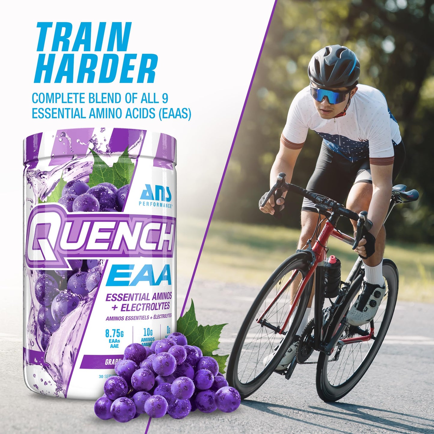 Quench EAA Aminos + Electrolytes - Complete Blend of 9 EAAs - 10g Total Amino Acids - Vitamins, Antioxidants, Electrolytes - Zero Sugar, Carbs, Calories (Grape Blast)