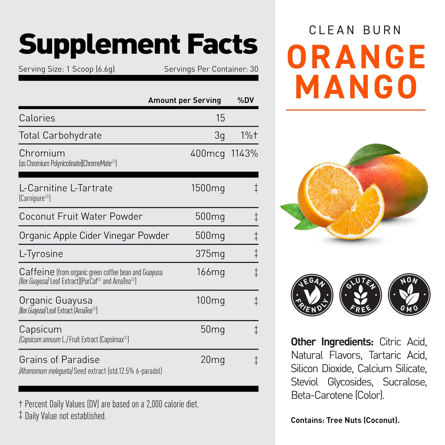 Kaged Thermogenic Powder Clean Burn Orange Mango Men & Women Weight Management Supplement Organic Caffeine Apple Cider Vinegar 30 Servings