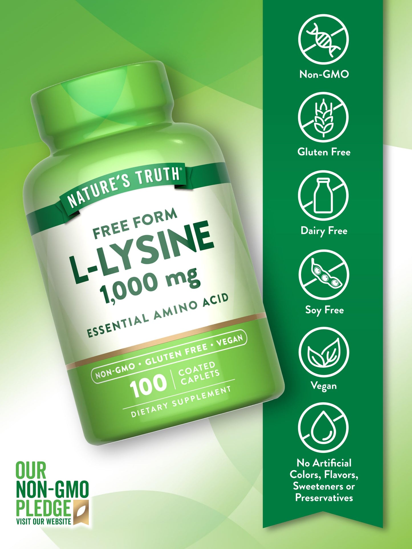 Nature's Truth L Lysine 1000mg | 100 Coated Caplets | Essential Amino Acid | Vegan, Non-GMO, & Gluten Free Supplement