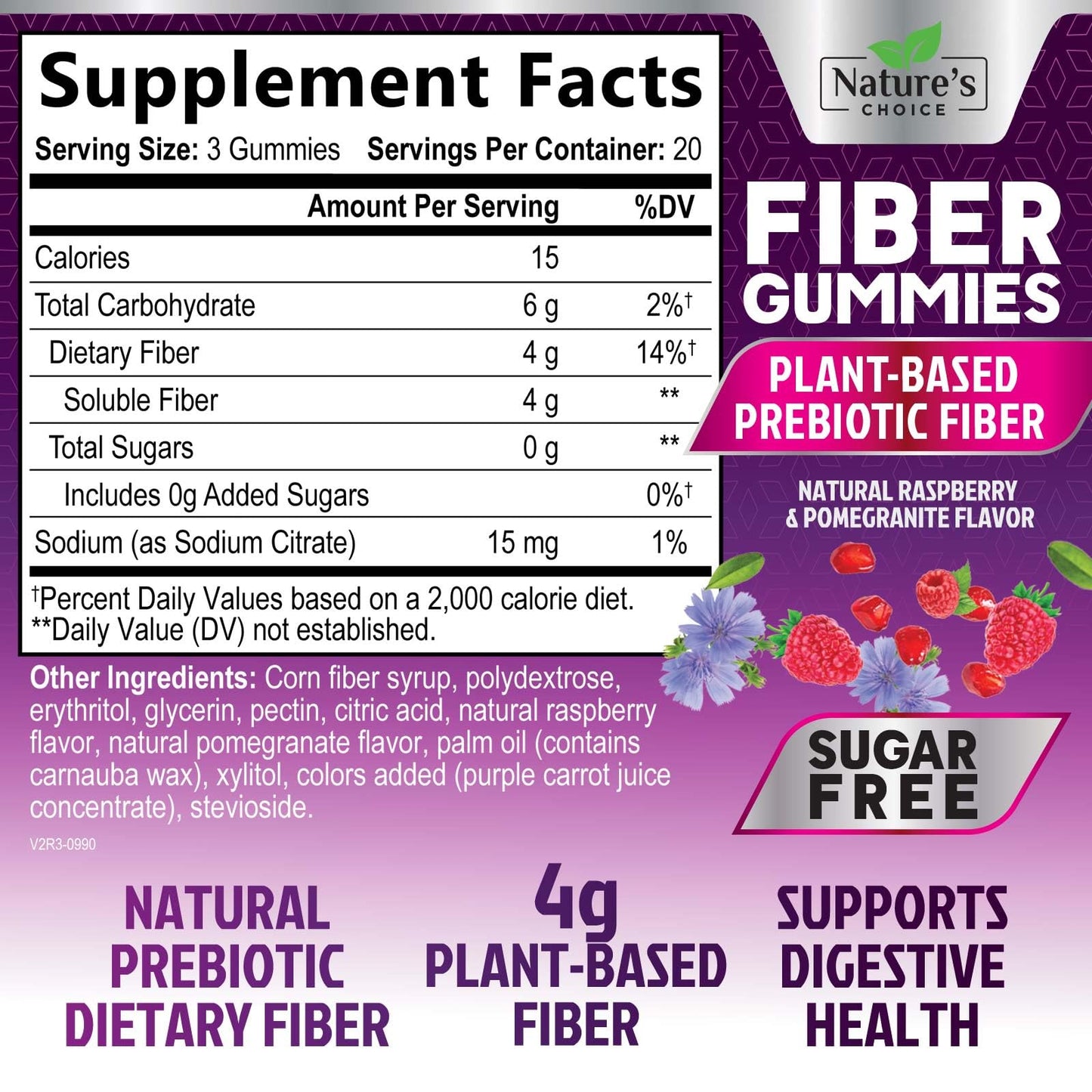 Sugar Free Fiber Gummies for Adults, 4G Daily Prebiotic Natural Soluble Fiber Supplement & Digestive Health Support - Regularity & Digestion Health Support, Plant Based Berry Flavor - 60 Gummies